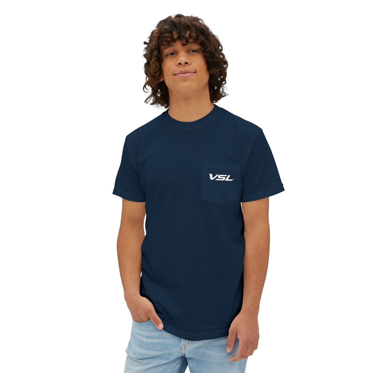 VSL Logo Pocket T-Shirt — Minimalist Graphic Tee with Back V Emblem